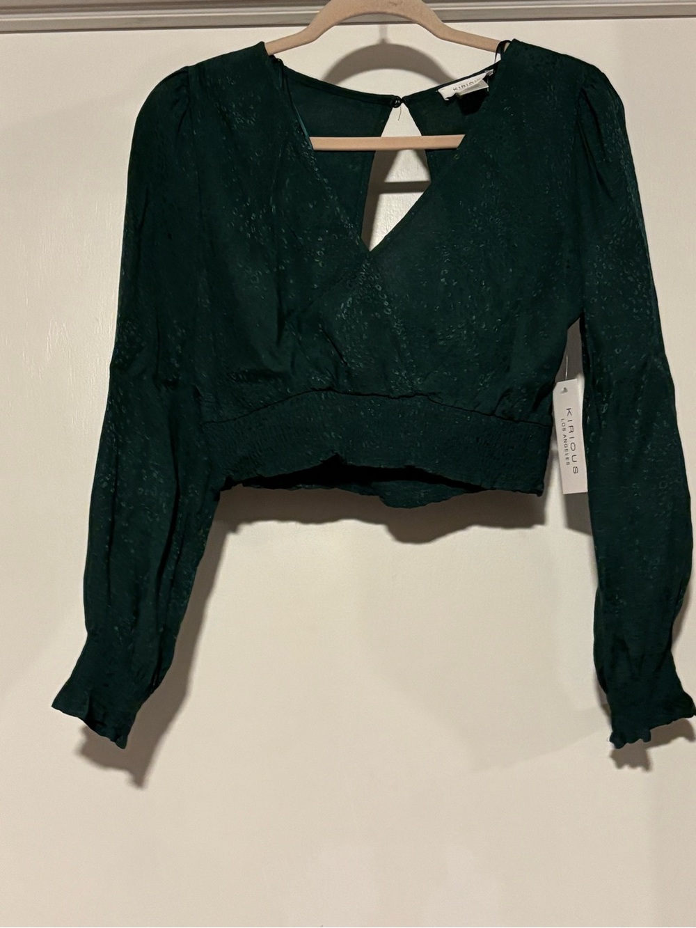 KIRIKOUS Deep Green V-Neck Smocked Crop Top